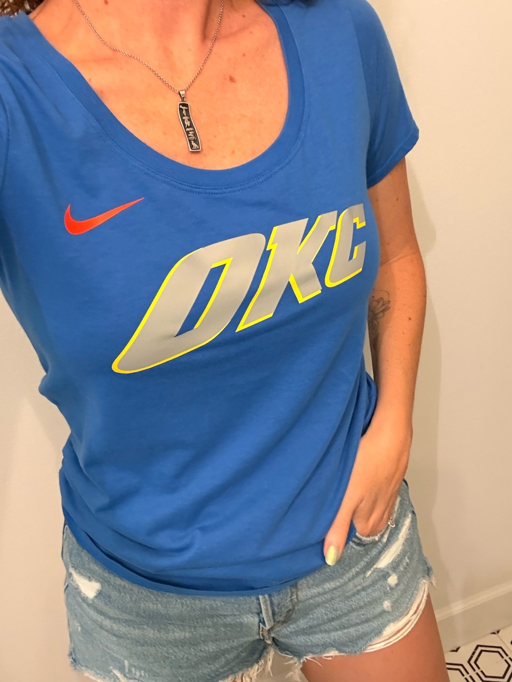 Nike Blue OKC Thunder NBA Scoop Neck Tee with Orange Swoosh